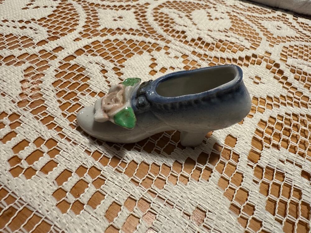 Vintage Porcelain Miniature High Heel Shoe Figurine Applied Rose Flower 3.5"